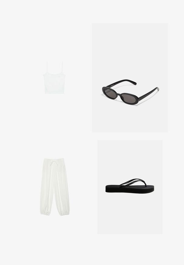 Stradivarius Top - white; Hvide løstsiddende bukser med elastik i taljen, snor til at binde og elastiske, rynkede manchetter ved anklerne.; Sort gummiflipflop med tekstureret sål og Y-formet rem, vist i sideprofil mod en ensartet lys baggrund.; Even&Odd by Zalando Solbriller - black