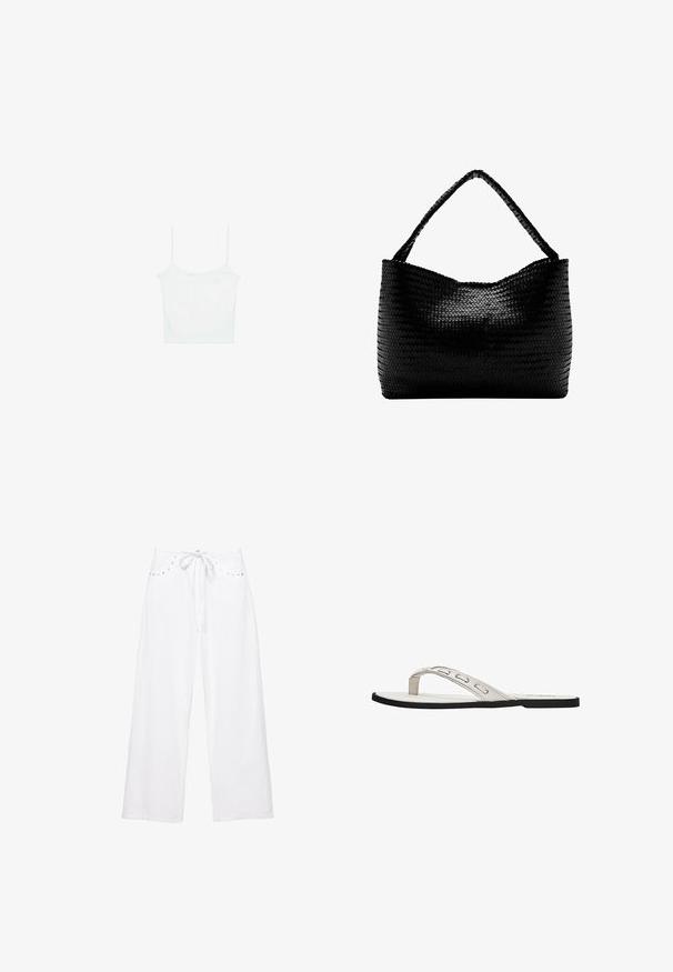 Stradivarius Débardeur - white; Pantalon blanc à jambes larges avec ceinture à cordon et petits clous argentés le long des bords des poches avant, fond uni.; Sandale flip-flop plate blanche avec des fines brides présentant des détails découpés et une semelle noire.; Sac à main tissé noir avec une anse unique tressée, forme rectangulaire et surface texturée brillante.