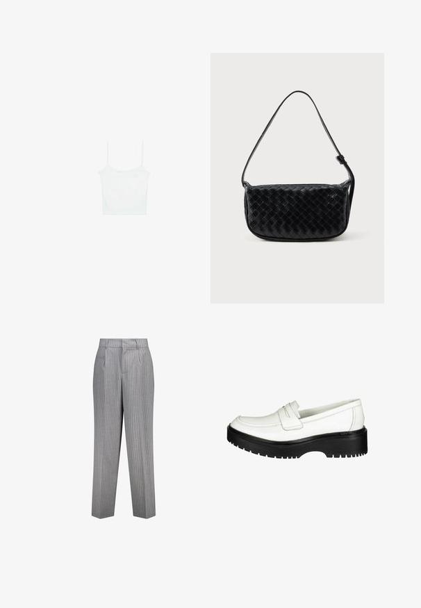 Stradivarius Toppi - white; Harmaat raidalliset housut, joissa on muotoiltu istuvuus, suora lahjemuotoilu, sivutaskut ja teksturoitu kangas.; Valkoiset nahka loaferit, joissa on hieman kohotettu musta kumipohja. Ominaisuuksina kaksi vaaka-aitaa vampin poikki ja sileä pinta.; Mustassa kudotusta nahkasta valmistettu olkalaukku, jossa on kaareva hihna, suorakulmainen muoto ja sileä pinta. Laukussa on vetoketjukiinnitys ja hienovaraiset ompeluyksityiskohdat.