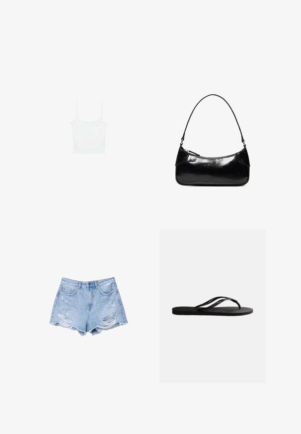 Stradivarius Top - white; Lichtblauwe denim shorts met rafelige zoom en verwerkte details, voorzien van voorzakken en een knoopsluiting.; Zwarte rubberen teenslipper met een gestructureerd voetbed en dunne Y-vormige bandjes op een effen witte achtergrond.; Zwarte glanzende leren schoudertas met één ritssluitingvak en een dunne band die in een boogvorm is gebogen.