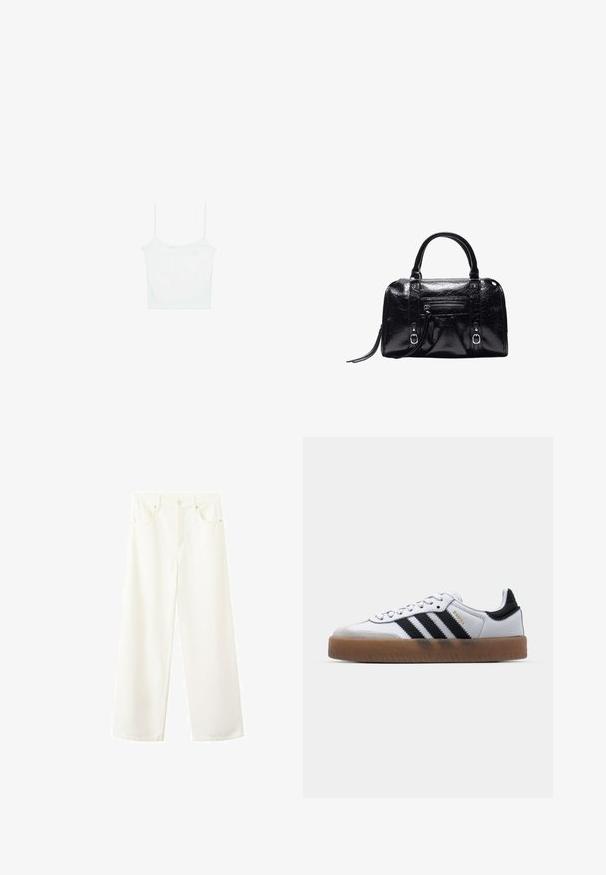Stradivarius Débardeur - white; Jean blanc en denim à taille haute et jambes larges, doté de cinq poches, passants pour ceinture, et fermeture par bouton et zip.; Baskets en cuir blanc avec des rayures noires, semelle extérieure en caoutchouc beige, bout rond, fermeture lacée et embout en suède gris doux.; Sac à main en cuir noir brillant avec deux poignées, poche zippée à l'avant, détails avec boucle et bandoulière pour poignet sur fond blanc.