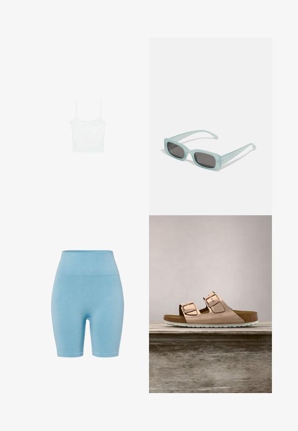 Stradivarius Top - white; Lichtblauwe geribbelde shorts met een hoge tailleband, voorzien van een gladde textuur en een aansluitende pasvorm, ideaal voor sportieve kleding of casual gebruik.; Roze-gouden slidersandalen met twee verstelbare metalen gespen, kurken voetbed en witte rubberen zool. Gladde metalen afwerking, open teen ontwerp.; Een paar rechthoekige zonnebrillen met lichtblauwe doorzichtige monturen en donkergrijze glazen, met rechte pootjes en minimale hardwaredetails.