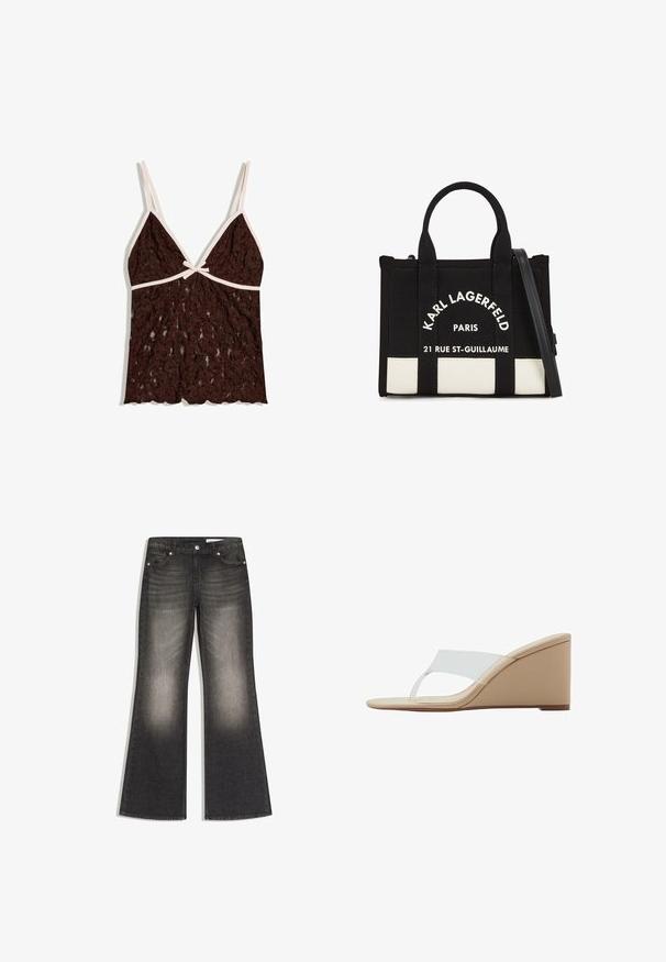 Camisole en dentelle marron avec bordure beige clair, bretelles fines réglables, encolure en V et petit nœud au centre devant.; Jean flare noir délavé avec poches avant, passants pour ceinture et fermeture par bouton, posé à plat sur un fond blanc.; Sandale compensée beige avec une large bride transparente et un design à lanière entre les orteils sur fond blanc.; Sac à main noir en toile avec deux poignées supérieures et une sangle détachable. Présente une impression de logo blanc et un panneau inférieur contrasté. Forme rectangulaire.