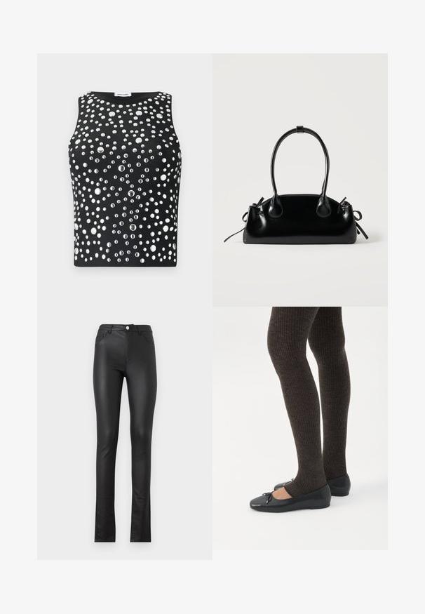 Top negro sin mangas con un diseño embellecido de tachuelas metálicas de diferentes tamaños dispuestas en toda la tela. Textura suave.; Pantalones de imitación cuero negros con un ajuste slim, que cuentan con un cierre de botón en el frente, dos bolsillos delanteros y un dobladillo ligeramente acampanado en la parte inferior.; Piernas con leggings oscuros acanalados combinados con bailarinas negras que presentan pequeños detalles de lazo sobre un fondo blanco.; Pequeño bolso negro brillante con dos asas largas y detalles de cordón lateral sobre un fondo claro liso.