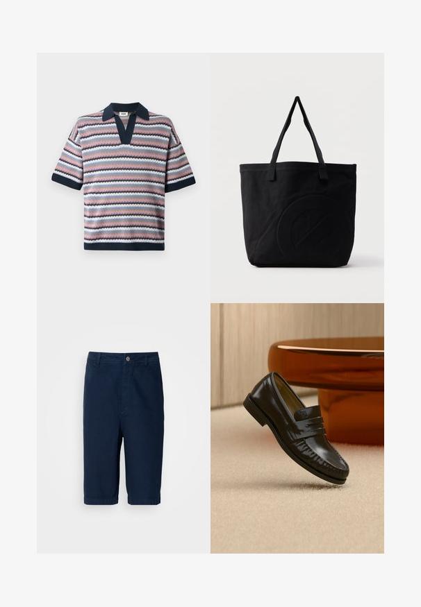 Gebreide poloshirt met een v-hals, korte mouwen en afwisselende strepen in roze, marineblauw, lichtblauw en wit met een gestructureerd patroon.; Marineblauwe shorts van katoenstof met een rechte snit, een knoopsluiting en riemlussen. Heeft omslagranden en twee zijzakken.; Glanzende zwarte leren loafer met een banddetail, geplaatst op een beige tapijt naast een ronde bruine salontafel in een zacht verlichte kamer.; Zwarte canvas tas met twee schouderbanden en een subtiel, ingebosseleerd cirkelvormig ontwerp aan de voorkant.