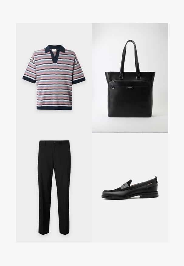 Polo en tricot avec un col en V, des manches courtes et des rayures alternées en rose, marine, bleu clair et blanc avec un motif texturé.; Pantalons noirs ajustés avec une coupe plate, taille standard et jambes droites. Fabriqués en tissu lisse, dotés d'une fermeture à un bouton.; Mocassin en cuir noir avec détail de bride grise, talon bas et semelle texturée, marqué "HUGO" en or sur le côté.; Sac cabas en cuir texturé noir avec deux anses, poche zippée à l’avant, anneau en métal et logo Lacoste sur fond blanc.