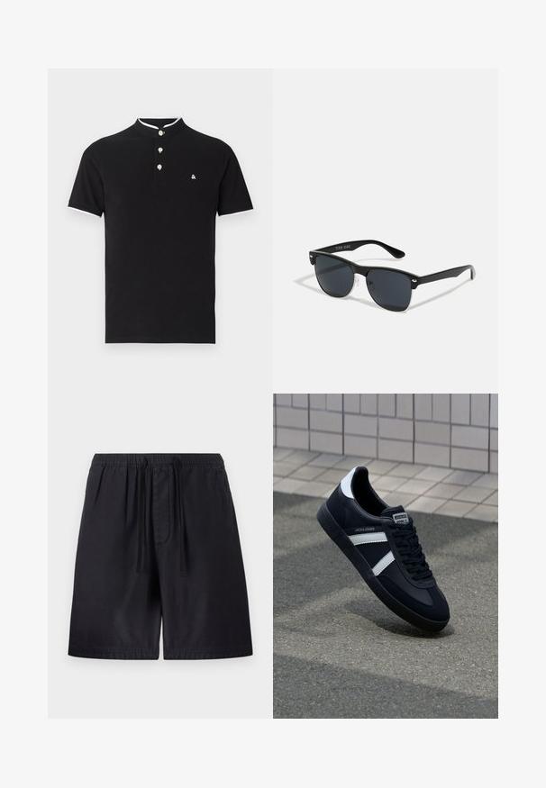 Polo en coton noir avec un col montant, patte de boutonnage à trois boutons, bord blanc sur les manches et un petit logo sur la poitrine gauche.; Shorts noirs avec une taille élastique, dotés d'un cordon de serrage, de poches latérales et d'un tissu léger pour plus de confort. Coutures visibles.; Sneaker en cuir noir avec des rayures blanches, semelle en caoutchouc texturée et devant à lacets. Présente une étiquette de marque sur la languette.; Lunettes de soleil noires de forme rectangulaire, verres foncés, accents argentés aux tempes et finition mate sur la monture.