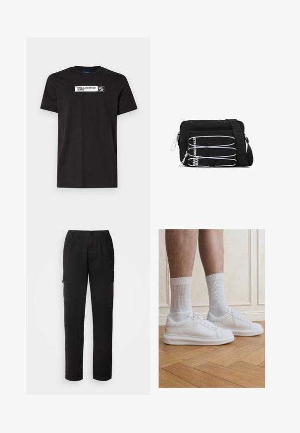 Camiseta de algodón negra con mangas cortas que presenta una etiqueta gráfica de texto blanco que dice "KARL LAGERFELD JEANS" y un logotipo, con cuello redondo.; Pantalones cargo negros hechos de tela duradera; cuentan con una cinturilla elástica, bolsillos frontales y laterales, y un diseño de pierna recta.; Piernas con calcetines blancos acanalados y zapatillas blancas Karl Lagerfeld, de pie sobre un suelo de parquet de madera clara.; Bolso bandolera negro con cuerdas elásticas blancas en el bolsillo frontal y correa ajustable con el texto "JEANS" en relieve.