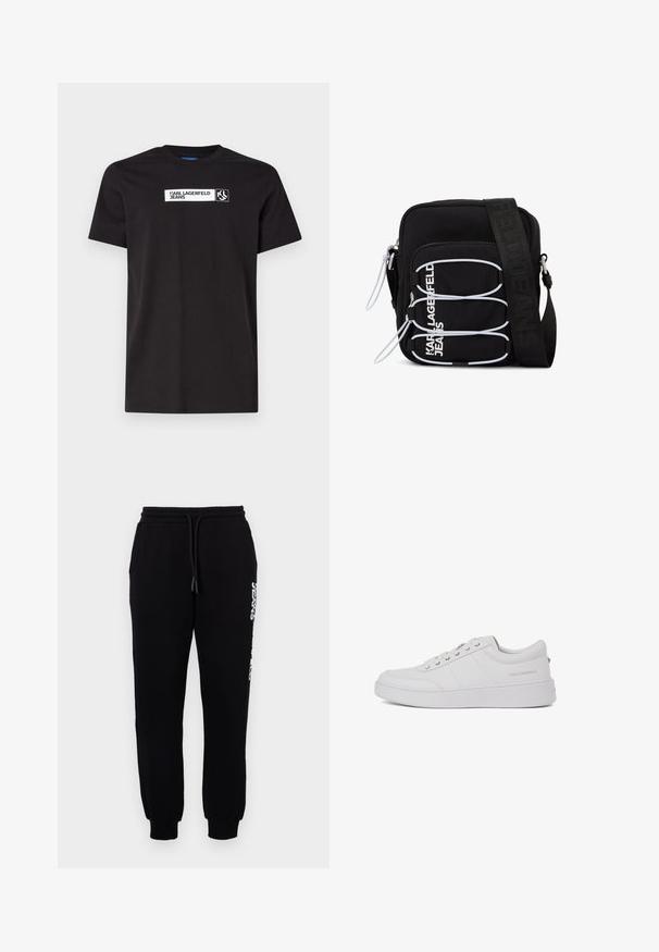 Sort bomulds T-shirt med korte ærmer, der har en hvid tekstgrafik med påskriften "KARL LAGERFELD JEANS" og et logo, rund halsudskæring.; Sorte sweatpants lavet af blødt stof, med en elastisk talje og snøre, tapered ben og et logo langs siden.; Hvide lædersneakers med et klassisk lavtop-design, flad sål og subtilt brandlogo på hælen. Har fem metaløjer til snørebånd.; Sort skuldertaske med hvide elastiske løkker, lynlåstræk og hvid "KARL LAGERFELD JEANS" tekst på frontlommen.