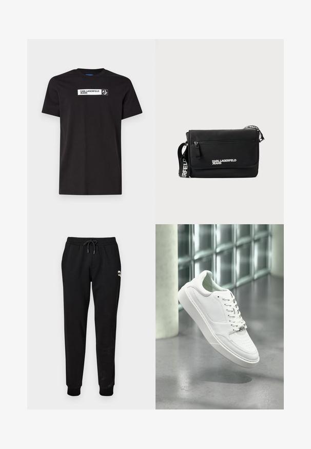 Zwarte katoenen T-shirt met korte mouwen, voorzien van een witte tekstafdruk met het label "KARL LAGERFELD JEANS" en een logo, ronde halslijn.; Zwarte sweatpants met een elastische tailleband en een verstelbaar koord. Heeft ribgebreide boorden en een klein grafisch detail op de bovenbenen.; Witte leren sneaker met een afgeronde neus, vetersluiting aan de voorkant en een platte rubberen zool. Voorzien van geperforeerde details en een subtiel logo-accent.; Zwarte boodschappentas van glad nylon. Voorzien van een verstelbare band, een voorvak met ritssluiting en een wit gedrukt logo. Rechthoekige vorm met een minimalistisch ontwerp.