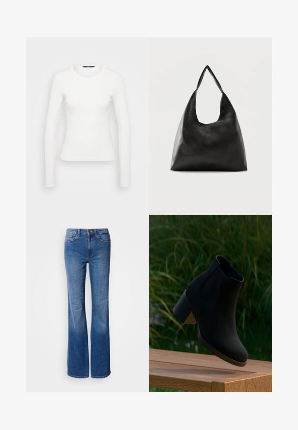 Hvid langærmet ribbet skjorte med rund halsudskæring og tætsiddende silhuet. Glat tekstur med et enkelt design, uden mønstre eller accenter.; Lyseblå vidde jeans lavet af denim. Har høj talje, forlommer og subtile pyntedetaljer langs hoften. Glat tekstur.; Sort ankelstøvle med blokhæle svævende over en træbænk, med grønt græs i baggrunden.; Sort skuldertaske i glat læder med en bred, enkelt strop og et afslappet, minimalistisk design mod en ensfarvet baggrund.