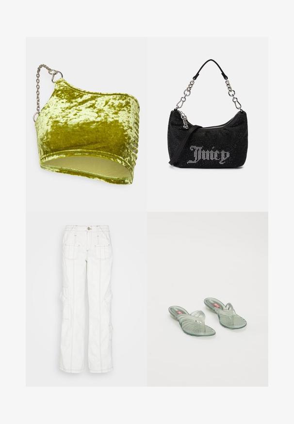 The Ragged Priest SPAWN - Top - green; BDG Urban Outfitters Relaxed fit jeans - white; Transparante jelly sandalen met een golfvormig ontwerp, voorzien van een tussenstuk en een gegroefd zoolpatroon. Kleuren zijn onder andere lichtgroen en transparante tinten.; Zwarte tas met rhinestone versieringen, een gebogen vorm en een zilveren kettinghandvat. Voorzien van een rits en het "Juicy" logo in het wit.