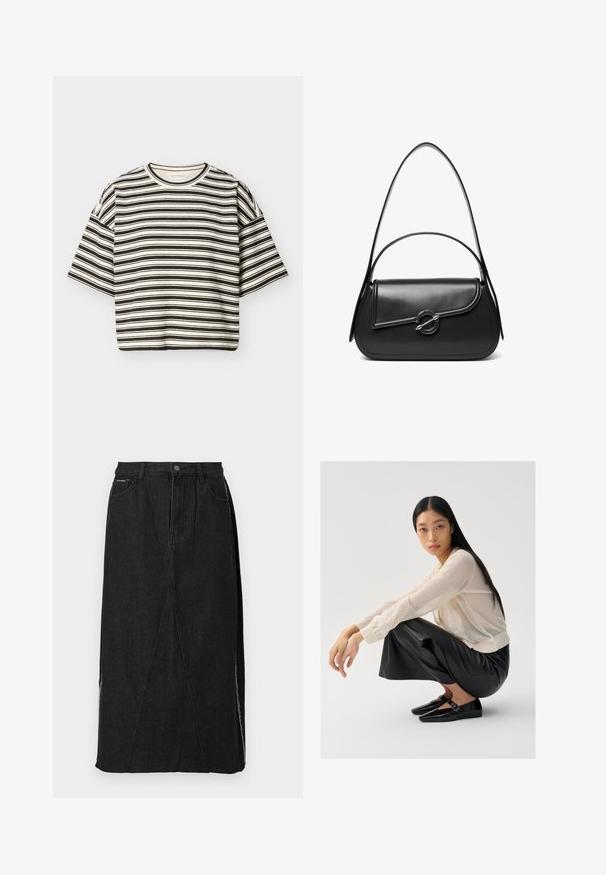 Haut en maille rayé horizontal noir et blanc à manches courtes, col rond et coupe décontractée, posé à plat sur un fond blanc.; Jupe en denim noire avec une taille haute, coupe droite et coutures angulaires uniques. Présente des fentes latérales et une fermeture à bouton à la taille.; Pull léger beige clair en maille transparente avec des manches bouffantes, associé à un pantalon large en cuir noir et des chaussures noires brillantes avec un détail de sangle.; Sac à bandoulière en cuir noir avec un rabat incurvé fermé par un fermoir métallique rond et une sangle fine et ajustable.
