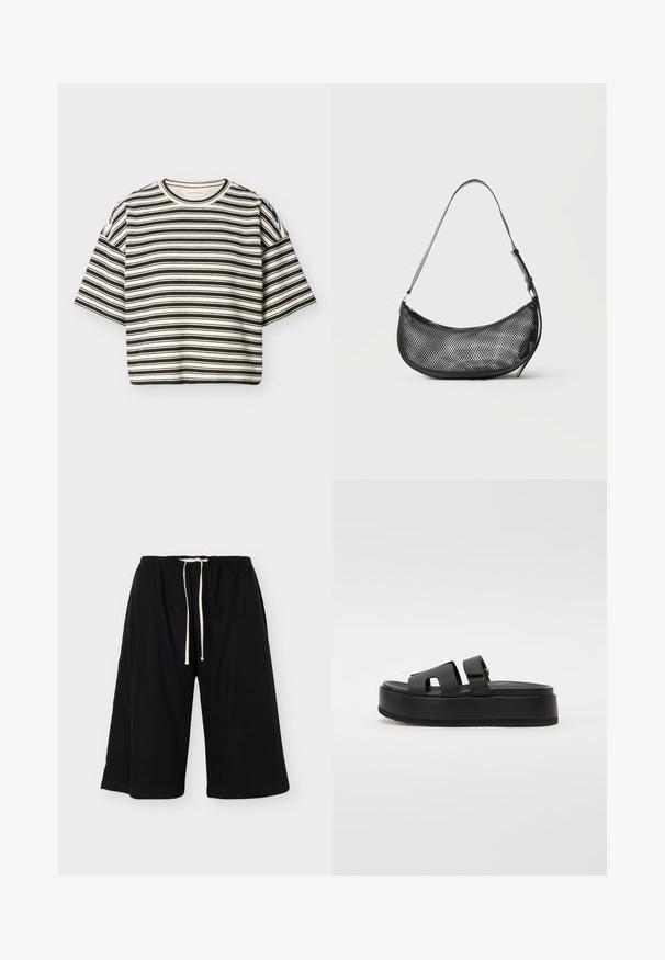 Haut en maille rayé horizontal noir et blanc à manches courtes, col rond et coupe décontractée, posé à plat sur un fond blanc.; Short noir ample arrivant au genou avec taille élastique et cordon blanc, présenté sur un fond clair uni.; Sandales à plateforme noires avec deux larges brides, en matériau lisse. Présentent une semelle épaisse avec un dessous texturé pour l'adhérence.; Petit sac d'épaule noir en mesh en forme de croissant avec une lanière fine réglable, sur un fond clair uni.