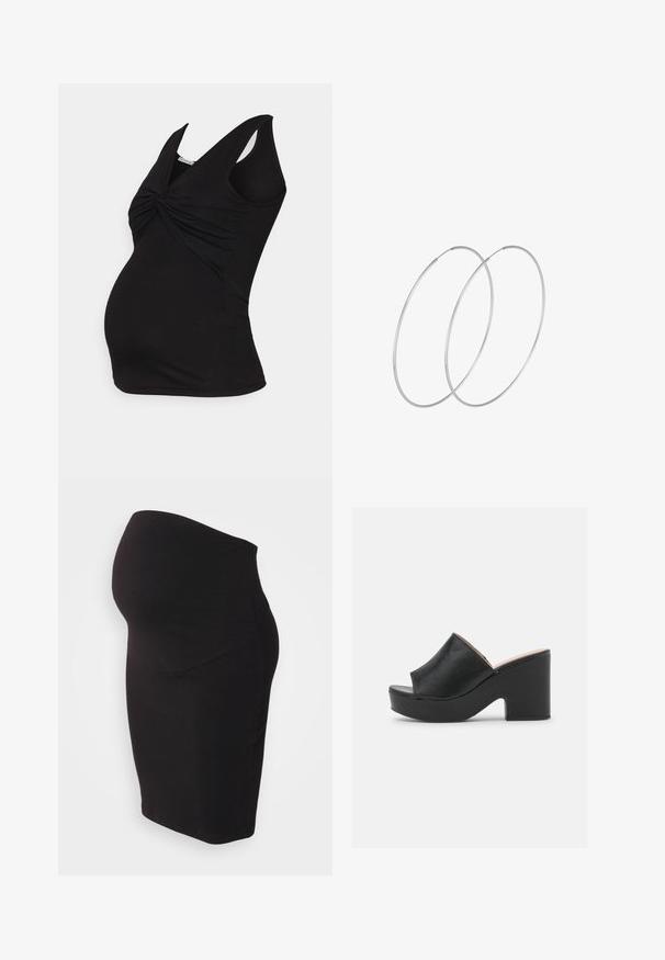 Anna Field MAMA by Zalando Top - 802 - black; Sort graviditetsnederdel lavet af blødt, strækbart stof. Har et højt livpanel for komfort og en tætsiddende design, der former sig efter kroppen.; Sorte læder open-toe mules har et bredt forreste strop og en chunky, høj platformhæl med en glat tekstur. Vist fra siden.; Sølvøreringe med et minimalistisk design. Cirkulær form, glat tekstur og tynd profil. Letvægtige med en poleret overflade.