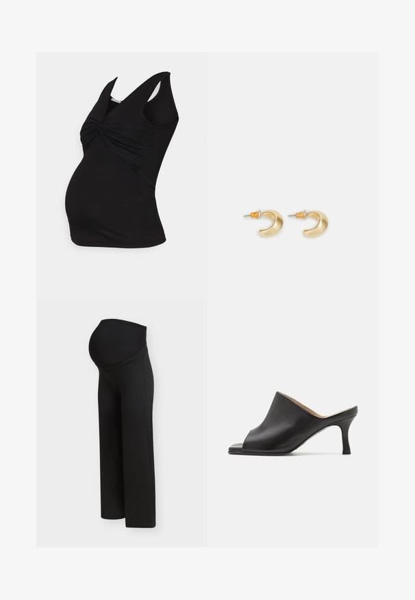 Anna Field MAMA by Zalando Débardeur - 802 - black; Pantalon de maternité noir avec une taille haute et extensible conçue pour soutenir un ventre de femme enceinte, présenté sur un fond clair uni.; Selected ASHLEY - Mules à talons - black; Boucles d'oreilles en forme de croissant en or avec une finition lisse, présentant des accents orange près du clou et un matériel en argent.