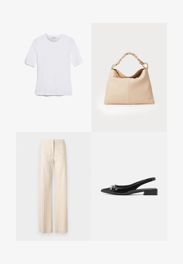 Weißes kurzärmliges T-Shirt aus geripptem Stoff. Runder Halsausschnitt, normale Passform und dezente Nähte. Keine Muster oder Grafiken.; Beige Hosen mit weitem Bein, glatter Textur, maßgeschneidertem Design und verdecktem vorderem Verschluss. Keine sichtbaren Taschen oder Verzierungen.; Schwarzer Slingback-Schuh aus Lackleder mit spitzer Kappe, niedrigem Blockabsatz und silberfarbenem Schmuckdetail vorne.; Weiche, beige Lederhandtasche mit geflochtenem Griff und goldenen Beschlägen. Sie verfügt über ein lässiges Design und eine glatte Textur mit einer mittleren Naht.