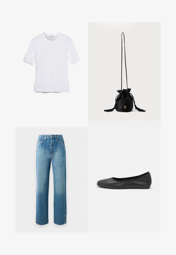 Hvid kortærmet t-shirt lavet af ribbet stof. Rund halsudskæring, almindelig pasform og subtile syninger. Ingen mønstre eller grafik.; Lys blå denim jeans med høj talje, lige ben og slidser i kanten. Har et traditionelt fem-lomme design og knaplukning.; Sort læderballetsko med rund tå, glat tekstur, minimal syning og et fleksibelt såldesign.; Sort snørelukket bucket-taske med lang tynd rem og lille gyldent firkantet logo foran, vist mod en ensfarvet baggrund.
