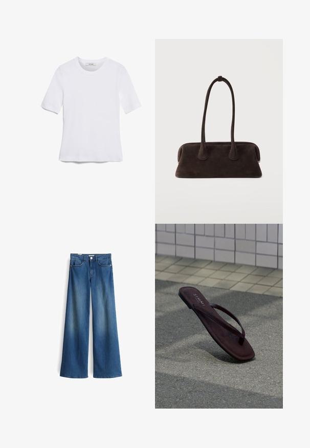Witte korte mouwen t-shirt van ribstof. Ronde halslijn, normale pasvorm en subtiele stiksels. Geen patronen of grafische elementen.; Wijde denimjeans in medium blauw met een gladde textuur. Bevat twee voorzakken en een klassieke knoopsluiting bij de taille.; Enkele donkerbruine teenslipper rechtopstaand op een geplaveide ondergrond met een lichtgekleurde betegelde muur op de achtergrond.; Donkerbruine suède handtas met lange, afgeronde handvatten en een rechthoekig, licht taps toelopend lichaam op een effen witte achtergrond.