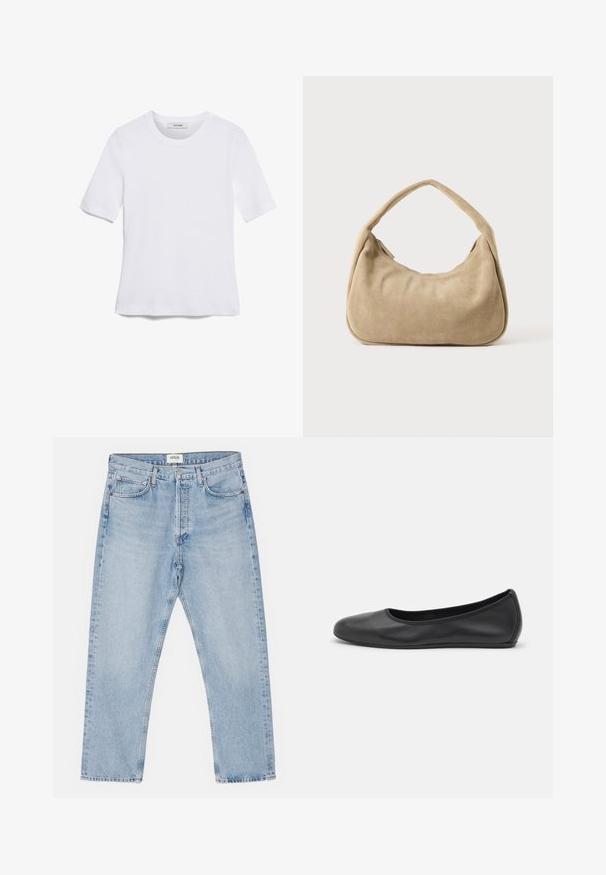 Hvid kortærmet t-shirt lavet af ribbet stof. Rund halsudskæring, almindelig pasform og subtile syninger. Ingen mønstre eller grafik.; Lysblå denimjeans med en klassisk lige skåret ben, fem lommer og knaplukning, der har en subtil falmet effekt og en robust tekstur.; Sort læderballetsko med rund tå, glat tekstur, minimal syning og et fleksibelt såldesign.; Lille beige ruskind skuldertaske med blødt, buet design og en enkelt tyk rem mod en ensfarvet baggrund.