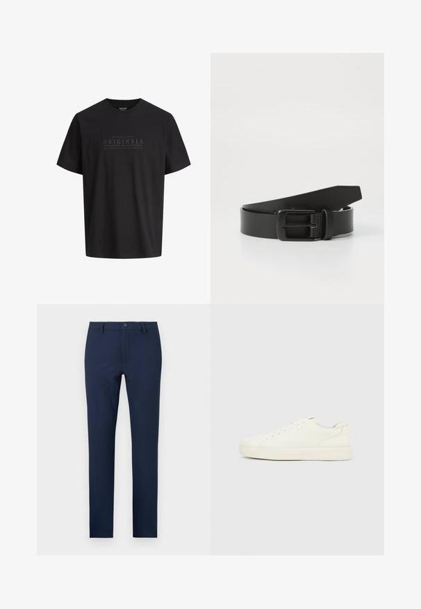 Sort T-shirt med korte ærmer og diskret tekst på brystet, hvor der står "Nineteen Ninety Originals, brought to you by Jack & Jones."; Marineblå bukser lavet af et glat stof, med knaplukning, for- og baglommer, samt et skræddersyet, lige ben-design.; Hvid lav sneakers med snørebånd foran, glat læderoverflade og tyk gummisål, vist fra ydersiden på en ensfarvet baggrund.; Sort læderbælte med spænde i mat sort metal, der har en glat tekstur og enkelt design. Justerbar længde med en tilspidset ende.