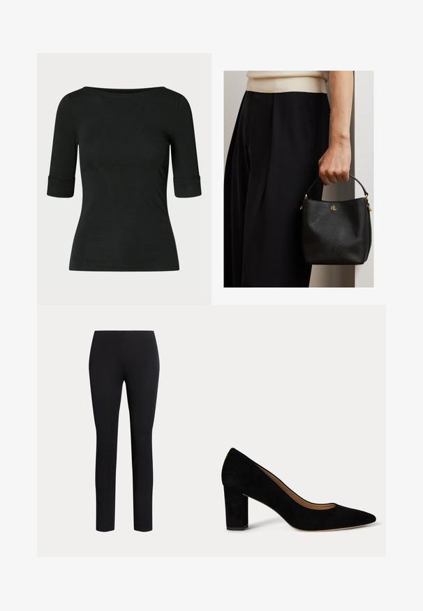 Zwart aansluitend overhemd met ellebooglange mouwen en een brede, ronde halslijn op een effen achtergrond.; Zwarte slim-fit broek met een taille op middenhoogte en rechte pijpen, weergegeven tegen een effen lichte achtergrond.; Zwarte suède damesschoen met lage blokhak, spits toelopende neus en beige binnenvoering op een witte achtergrond.; Persoon houdt een kleine zwarte leren handtas met gouden hardware en RLL-logo vast, draagt een zwarte broek en een beige top.
