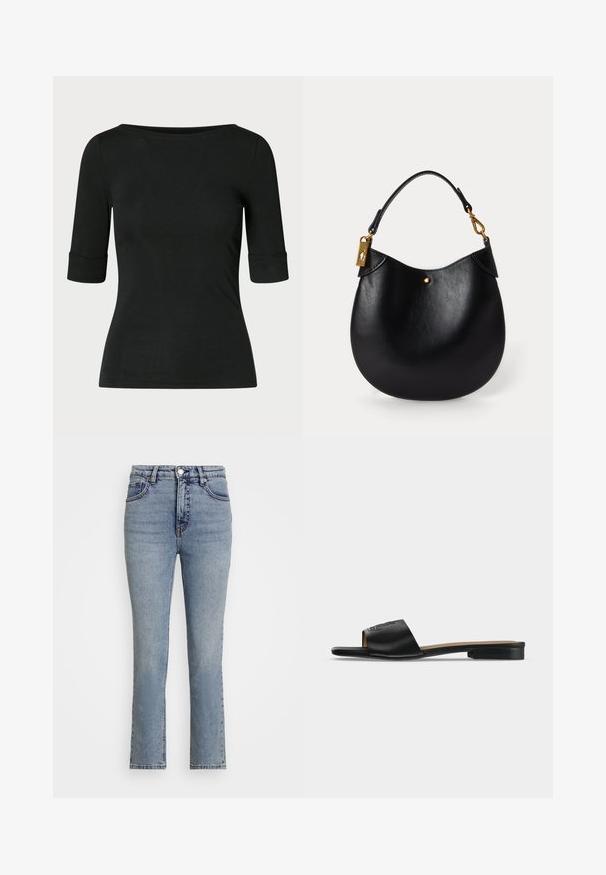 Top negro ajustado con mangas tres cuartos, escote redondo, tejido suave y puños enrollados. Diseño minimalista sin patrones ni acentos.; Jeans de denim de color azul claro con una cintura alta, piernas rectas y un desvanecimiento sutil. Con botón metálico y costuras en contraste.; Sandalia plana negra tipo slide con una amplia tira de cuero que presenta un logo sutil en relieve y un tacón bajo.; Bolso de cuero negro con forma redondeada, asa corta, herrajes dorados y un sutil acento de punto dorado en el frente. Textura suave.