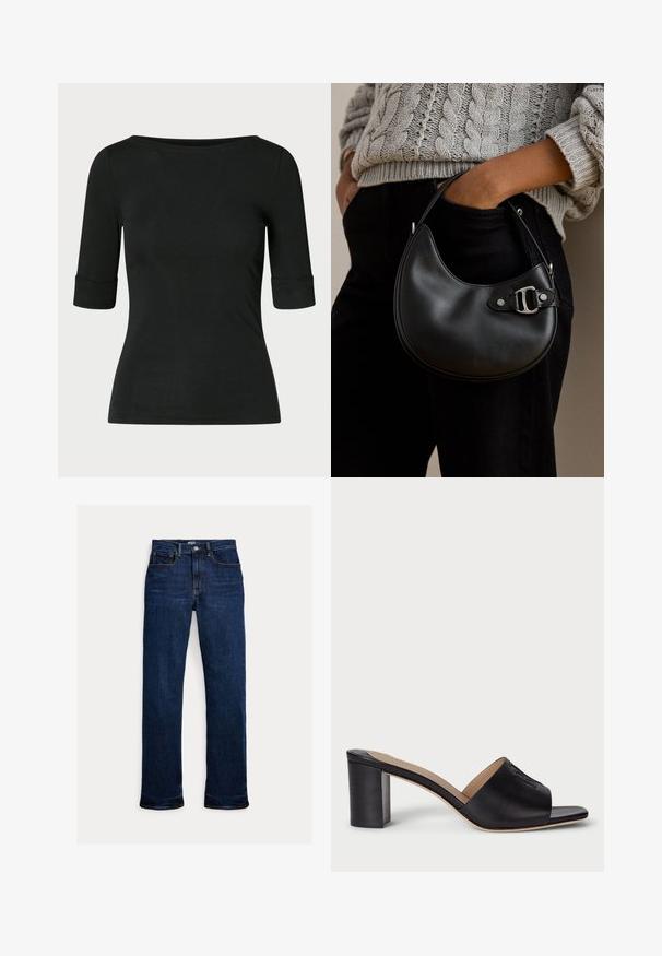 Sort tætsiddende skjorte med albuelange ærmer og en bred, rund halsudskæring på en ensfarvet baggrund.; Mørkeblå straight-leg jeans med frontknap og lynlås, fem-lomme design og synlige syninger.; Sorte læder slide sandaler med blokhæl og åben tå samt præget logo detaljer. Glat overflade med en strømlinet design for stabilitet.; Person iført en grå kabelstrikket sweater og sorte bukser, der holder en lille sort lædertaske med en sølv spænde detalje.