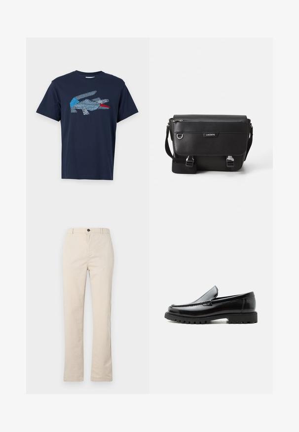 Lacoste T-shirts print - dark blue; Lyse beige bomuldsbukser med lige ben-design, der har en frontknaplukning, lynlåslukning og minimale syninger.; Sort læderloafer med chunky gummisål, syet overdel og præget mærkenavn på hælen, vist i sideprofil på hvid baggrund.; Sort tekstureret Lacoste messengertaske med justerbar rem, frontklap, lynlås lomme og metalspænder.