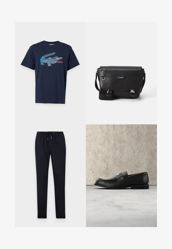Lacoste Μπλουζάκι με στάμπα - dark blue; Σκούρο ναυτικά παντελόνια τζόγκινγκ με ελαστική μέση, κορδόνι, μ tapered πόδια και λεία υφή. Περιλαμβάνει πλάγιες τσέπες και διακριτική ραφή.; Μαύρο δερμάτινο μοκασίνι με μεταλλική πλάκα μάρκας που ακουμπά δίπλα σε καφέ στρογγυλό τραπέζι πάνω σε μπεζ χαλί.; Μαύρη υφασμάτινη τσάντα ώμου Lacoste με ρυθμιζόμενο λουρί, εμπρόσθιο καπάκι, τσέπη με φερμουάρ και μεταλλικές κλειστές θηλιές.