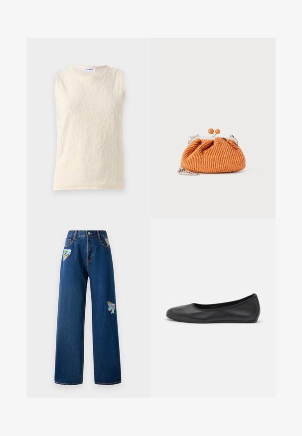 Ærmeløs top i lys creme, lavet af tekstureret stof med et blomsterprint. Har en rund halsudskæring og eksponerede sømme for detaljer.; Mørkeblå denim bukser med brede ben og to farverige broderede lapper foran. Har standardlommer og synlige syninger.; Sort læderballetsko med rund tå, glat tekstur, minimal syning og et fleksibelt såldesign.; Lille orange flettet clutch-pung med sølvmetalramme, rund lukning og en sølvkæde-rem på en hvid baggrund.