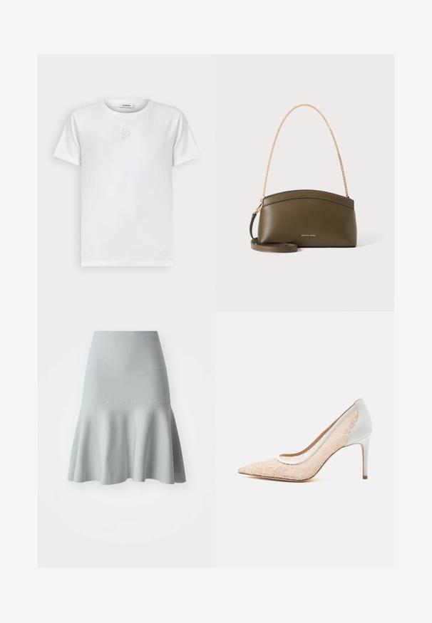 sandro T-shirt basique - blanc; Jupe évasée bleu clair en tissu texturé. Elle présente une taille ajustée et un ourlet souple et ondulé. Design simple sans motifs.; Escarpin beige à talon haut, bout pointu, avec une superposition en dentelle blanche, talon et bordures blancs, sur un fond clair uni.; Sac à main Michael Kors vert olive avec bandoulière en chaîne dorée, dessus courbé et petit logo doré sur le devant, présenté sur fond blanc.