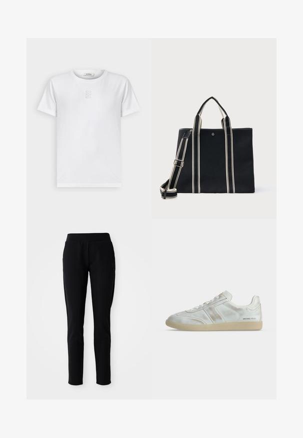 sandro T-shirts basic - blanc; Sorte atletiske bukser med en tætsiddende silhuet, elastisk talje og sidelommer med en diskret logo-detalje på venstre ben.; Hvid lavtop sneaker med beige sål, snørelukning foran, subtile folder detaljer og "MICHAEL KORS" logo nær hælen på ydersiden.; Sort tote-taske med to korte håndtag og en aftagelig, stribet skulderrem med lodrette hvide striber.