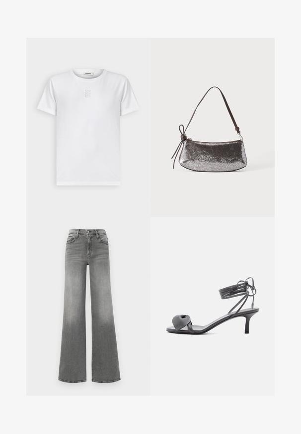 sandro T-shirts basic - blanc; Grå vide ben jeans lavet af denim. Har en høj talje, fire lommer og en let blegd effekt foran for ekstra tekstur.; Grå læder sandal med hæl, knyttet rem ved tæerne og snørebånd, der vikles om anklen, på slank mellemhøj hæl mod hvid baggrund.; Lille metallic sølv håndtaske med tekstureret overflade, kort mørkebrun rem og dekorativt bundet sløjfe på den ene side.