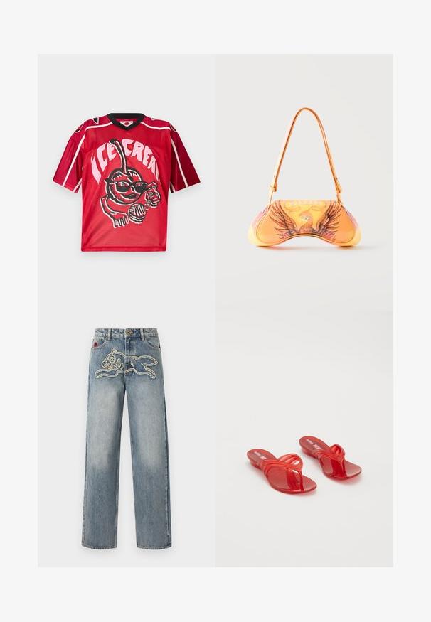 Rotes Sporttrikot mit schwarzem Kragen, großem Grafikbild einer lächelnden Kirsche mit Sonnenbrille, die einen Eisbecher und einen Löffel hält, Text "EISCREME."; Jeans aus Denim mit weitem Bein und einer gestickten Umrisszeichnung eines springenden Hasen auf dem vorderen Oberschenkelbereich.; Melissa QUANTUM THONG X DIESEL - Zehentrenner - red; Orangefarbene Handtasche mit Adler-Grafik und dem Text "DIESEL", mit geschwungener Form und einem einzelnen Schulterriemen vor einfachem Hintergrund.