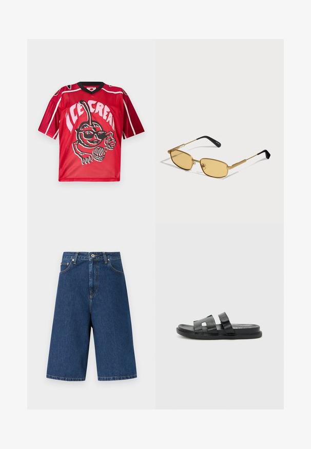 Maillot de sport rouge avec col noir, grand graphisme d'une cerise souriante portant des lunettes de soleil, tenant un cornet de glace et une cuillère, texte "GLACE".; Shorts en denim bleu foncé jusqu'aux genoux avec bouton frontal, fermeture éclair, passants pour ceinture et poches latérales sur un fond uni.; Sandales à glissière en cuir noir avec deux larges sangles, design ouvert à l'avant et semelle plate. Style minimaliste avec des détails cousus sur la semelle.; Lunettes de soleil rectangulaires à monture dorée, verres ambrés et branches minces en métal avec embouts noirs, posées sur une surface blanche.
