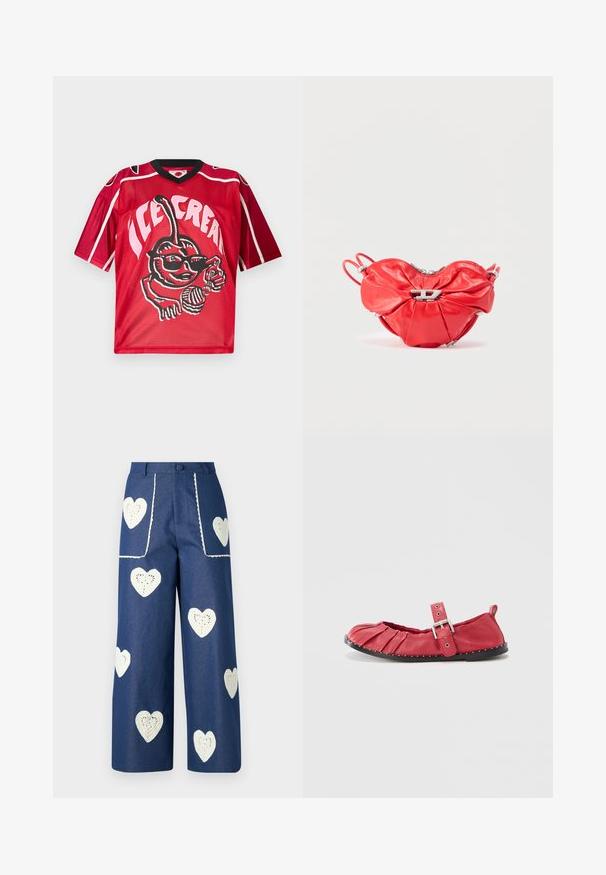 Rød sportstrøje med sort krave, stort grafik af et smilende kirsebær med solbriller, der holder en isvaffel og ske, tekst "ICE CREAM."; Sister Jane HEART TO HEART - Jeans Straight Leg - blue denim; Rød læder balletflat med folder, justerbar strop med spændelukning og sort gummisål med hvide nitter langs kanten.; Rød læderhåndtaske med hjerteform, samlet design, sølvlynlås og en fremtrædende metal logoaccent foran.