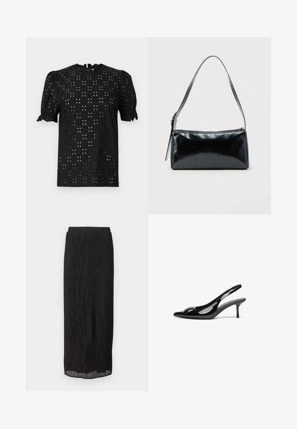 Μαύρη μπλούζα κοντού μανικιού με υφή τύπου eyelet, χαρακτηριστικά με φουσκωτά μανίκια και στρογγυλή λαιμόκοψη, που κλείνει με κλειδαρότρυπα στο πίσω μέρος.; Μαύρη πλισέ μίντι φούστα με ελαστική μέση και ίσια γραμμή. Ο ύφασμα διαθέτει κατακόρυφες ρίγες για επιπλέον υφή.; Μαύρες πατεντά λουστρίνι γόβες με κλειστή φτέρνα, μυτερή μύτη και γυαλιστερή φινίρισμα. Διαθέτουν λεπτό τακούνι και στρογγυλή λεπτομέρεια στο επάνω μέρος.; Μαύρη ορθογώνια τσάντα ώμου με έναν ρυθμιζόμενο ιμάντα και κλείσιμο με φερμουάρ στην κορυφή σε μονόχρωμο φόντο.