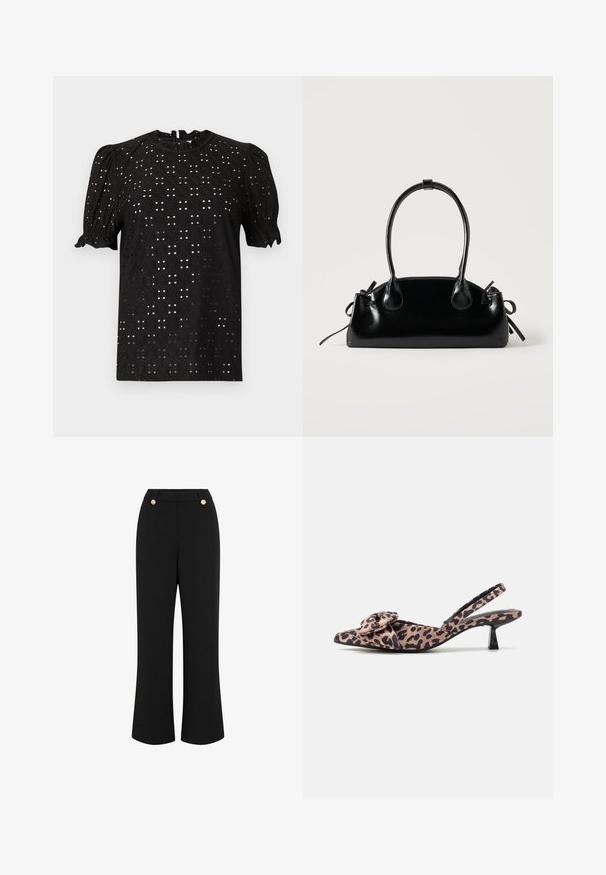 Sort kortærmet bluse med et tekstureret, hulmønstret design, der har puffede ærmer og en rund halsudskæring, lukket med en nøglehulslukning i ryggen.; Sorte, vide ben bukser med en glat tekstur, featuring en høj talje, to guldfarvede knapper og et skræddersyet design. Ingen synlige lommer.; Spidse slingback hæle i leopardprintet stof med en bue-accent, der har en lav sort hæl og glat tekstur.; Lille sort blank håndtaske med to lange håndtag og snøre-detaljer i siden på en ensfarvet lys baggrund.