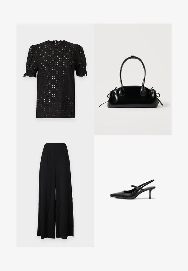 Blusa negra de manga corta con un diseño texturizado de ojales, que presenta mangas abullonadas y un escote redondo, cerrada con un ojal en la parte posterior.; Pantalones de pierna ancha negros, confeccionados con una tela texturizada, que presentan una cintura alta con pliegues y bordes limpios para una silueta elegante.; Zapatos de tacón slingback de cuero negro con punta afilada, correa ajustable delgada y un tacón de aguja de aproximadamente 5 cm, textura suave.; Pequeño bolso negro brillante con dos asas largas y detalles de cordón lateral sobre un fondo claro liso.