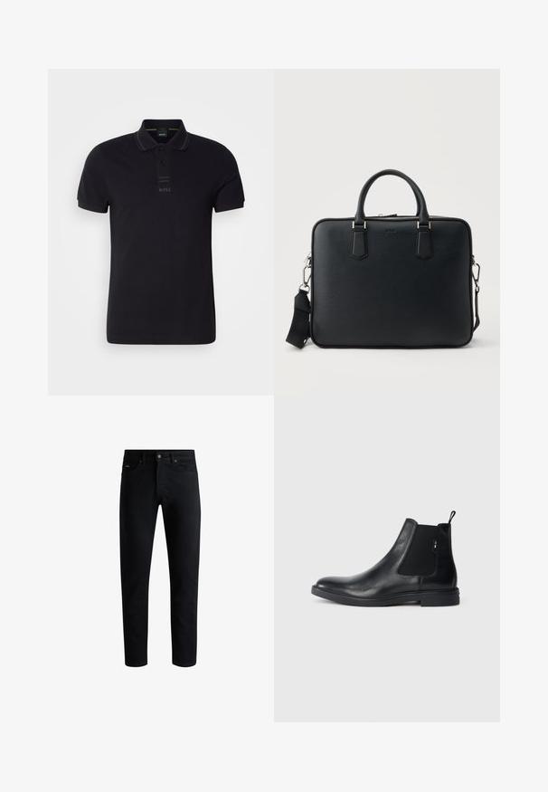 Sort poloshirt lavet af bomuld med krave, korte ærmer, diskret logo på brystet og glat tekstur.; Sorte slim-fit jeans med fem lommer, knaplukning og bæltestropper, præsenteret mod en hvid baggrund.; Sorte læder Chelsea støvler med elastiske sidepaneler, en pull-tab og en flad gummisål. Glat tekstur med minimal detaljer.; Sort tekstureret lædermappe med to håndtag og en aftagelig skulderrem, med en sølvlynlås og metalbeslag.