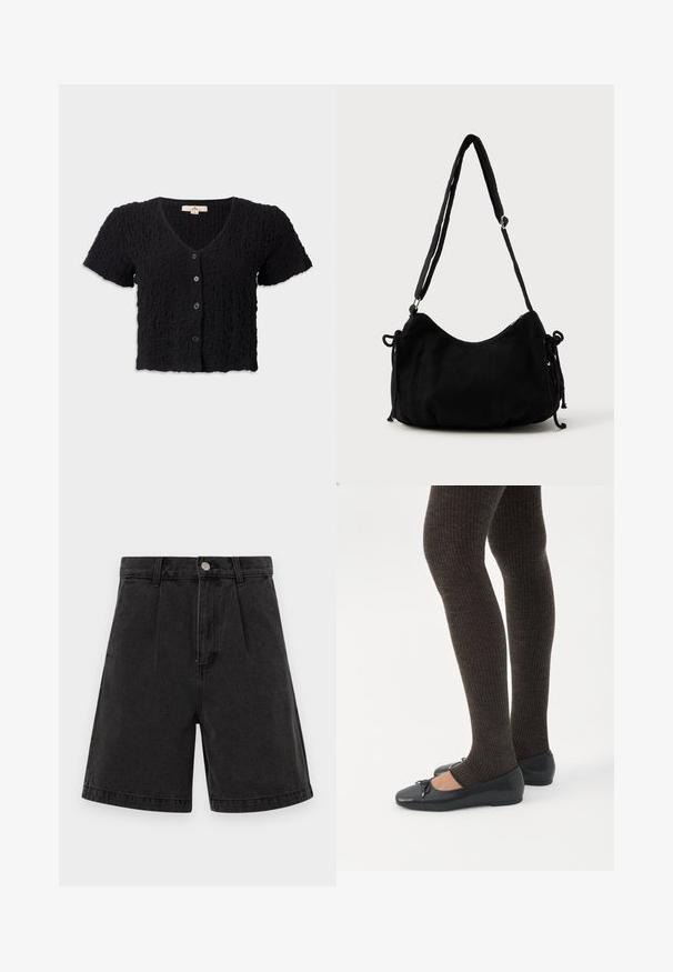 Zwarte cropped cardigan met korte mouwen, textuurstof, diepe V-hals, vijf-knopen sluiting en golvende zoom.; Zwarte denim shorts met een hoge taille, geplooide voorkant en omgeslagen zoom. Voorzien van een metalen knoop en rits sluiting. Egaal textuur.; Benen met donkere geribbelde leggings gecombineerd met zwarte ballerina's met kleine strikdetails op een witte achtergrond.; Zwarte corduroy schoudertas met een gebogen vorm, een verstelbare schouderband en trekkoordsluitingen aan beide zijkanten voor maataanpassing.