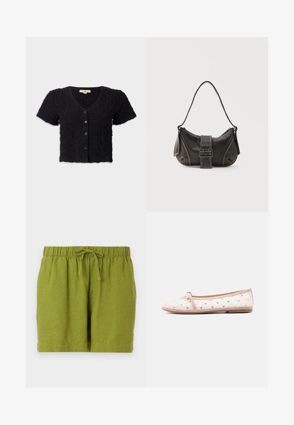 Cardigan noir court à manches courtes, tissu texturé, décolleté en V profond, fermeture à cinq boutons et ourlet ondulé.; Shorts en lin verts avec une taille élastique et un cordon de serrage ajustable, présentant une coupe décontractée et un ourlet droit.; Ballerine beige avec dessus transparent décoré de petits strass et un nœud assorti sur fond blanc.; Sac à épaule en cuir noir avec une sangle à boucle, des bords arrondis et des coutures blanches contrastées sur un fond uni.