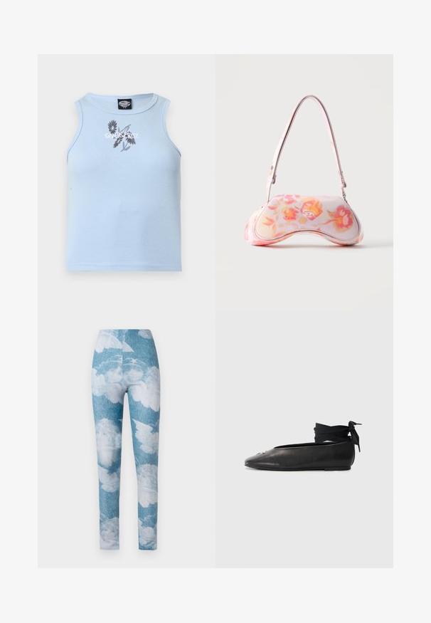 Débardeur côtelé bleu clair sans manches avec motif floral noir et texte blanc "Santa Cruz" sur la poitrine.; Leggings avec un fond en denim bleu et des motifs de nuages blancs. Le tissu semble extensible avec un design ajusté et une longueur au niveau de la cheville.; Ballerines en cuir noir avec un bout pointu, dotées d'un lien à la cheville en tissu tissé et d'un petit accent décoratif sur le bout.; Petit sac à main à la forme courbée présentant un motif floral rose et orange et une bandoulière unique sur fond uni.