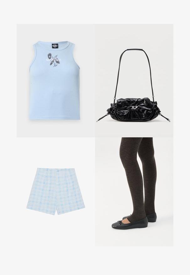 Débardeur côtelé bleu clair sans manches avec motif floral noir et texte blanc "Santa Cruz" sur la poitrine.; Shorts à carreaux bleu clair en tissu texturé, ayant une coupe ample et des plis pour un détail supplémentaire.; Jambes portant des leggings côtelés foncés associés à des ballerines noires avec de petits détails en nœud sur fond blanc.; Sac à main en cuir noir avec un design froncé et un détail en forme de nœud sur le devant. Dispose d'une poignée courte et d'accents de quincaillerie argentée.