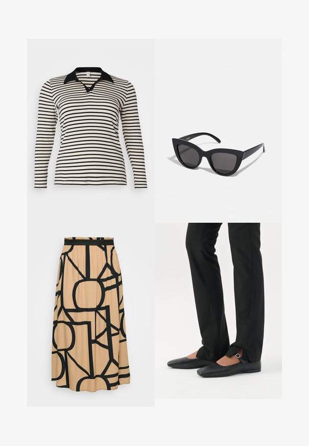 Langærmet polo-shirt med sorte og crème farvede striber, sort krave og V-udskæring, med et figursyet design og ribbet tekstur.; En lang beige nederdel med et sort geometrisk mønster. Funktioner et elastisk taljebånd og en glat stoftekstur. Rundet søm i bunden.; Ben iført sorte smalle bukser med forreste slidser ved kanten, parret med sorte flade Mary Jane-sko med lille spænde.; Sorte cat-eye solbriller med mat finish, der har grå tonede linser, skarpe vinkler og slanke sidearme. Mærkenavnet er synligt på den indre arm.