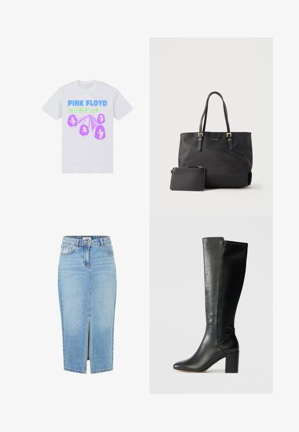 Wit T-shirt met "PINK FLOYD" in het blauw, Japanse tekst in het groen en vier paars getinte gezichten van bandleden verbonden door lijnen.; Lichtblauwe denimrok met een rechte snit, voorkeursplit, riemlussen en een bovenste knoopsluiting. Bevat klassieke stiksels en zakken.; Zwarte laarzen tot de knie, gemaakt van glad leer, met een spitse neus en een stevige, vierkante hak. Eenvoudig ontwerp met minimale stikseldetails.; Zwarte tas met twee schouderbanden en gouden gespen, gecombineerd met een kleinere bijpassende zwarte ritszak aan de voorkant.