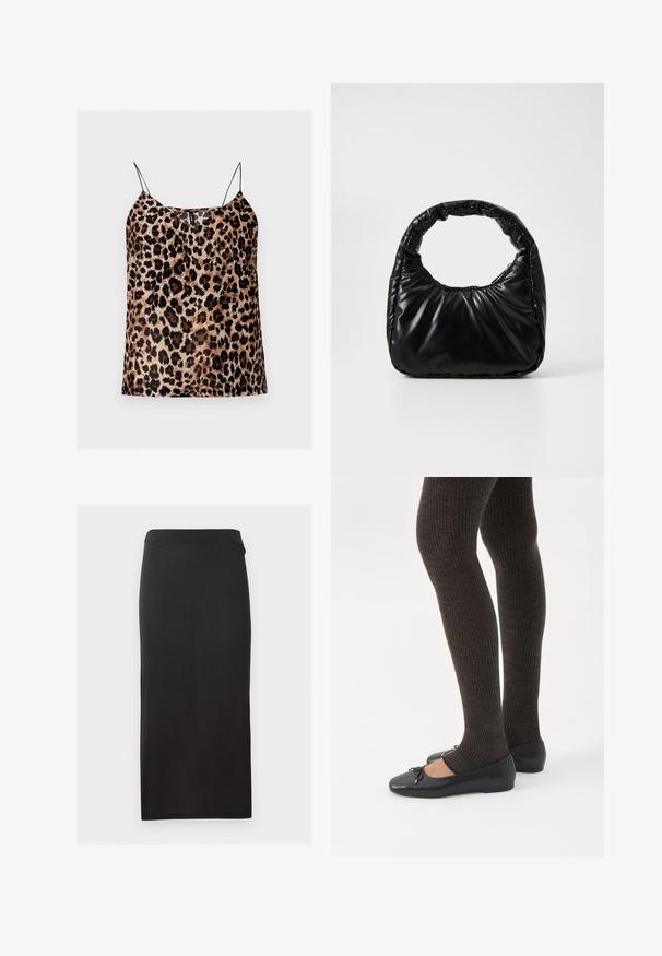 Camisole sans manches imprimé léopard avec fines bretelles spaghetti noires et encolure droite.; Jupe crayon noire longueur genou avec une silhouette droite et ajustée, sans motifs ni ornements visibles.; Jambes portant des leggings côtelés foncés associés à des ballerines noires avec de petits détails en nœud sur fond blanc.; Sac à main noir rembourré avec une poignée arrondie, présentant une surface lisse et brillante ainsi qu'une texture douce et matelassée. Pas de quincaillerie ou d'accents visibles.