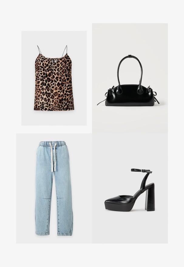 Camisole sans manches imprimé léopard avec fines bretelles spaghetti noires et encolure droite.; Pantalon en denim bleu clair avec taille élastique et cordon blanc, jambes droites et détails subtils sur les coutures aux genoux.; Escarpins noirs à plateforme avec un bout pointu et une sangle réglable à la cheville. Conçus en cuir lisse, avec un large talon bloc.; Petit sac à main noir brillant avec deux longues anses et des détails à cordon sur les côtés sur un fond clair uni.