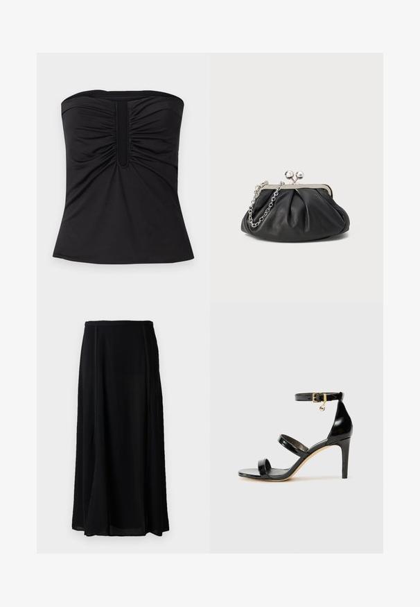 Zwarte strapless top van gladde stof, met geplooide details aan de voorkant en een rechte zoom. Geen zichtbare hardware of patronen.; Zwarte maxi rok van lichtgewicht materiaal, met een vloeiende uitstraling, in een effen zwarte kleur, en subtiele zijnaaddetails.; Zwarte gepatineerde leren sandaal met drie banden, enkelgesp en 10 cm hoge stiletto hak. Bevat gouden hardwaredetails en een logo charm.; Zwarte leren clutch met geplooide textuur, zilverkleurig metalen frame, drukknopsluiting en kettingriem. Glad, zacht oppervlak.